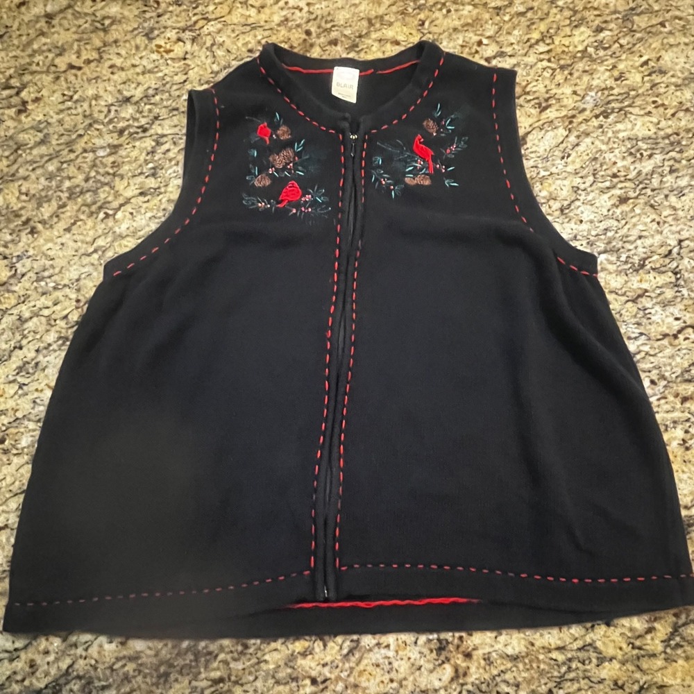 Blair Womens 3XL Black Knit Sweater Vest Cardinal Winter Embroidery Zip Up